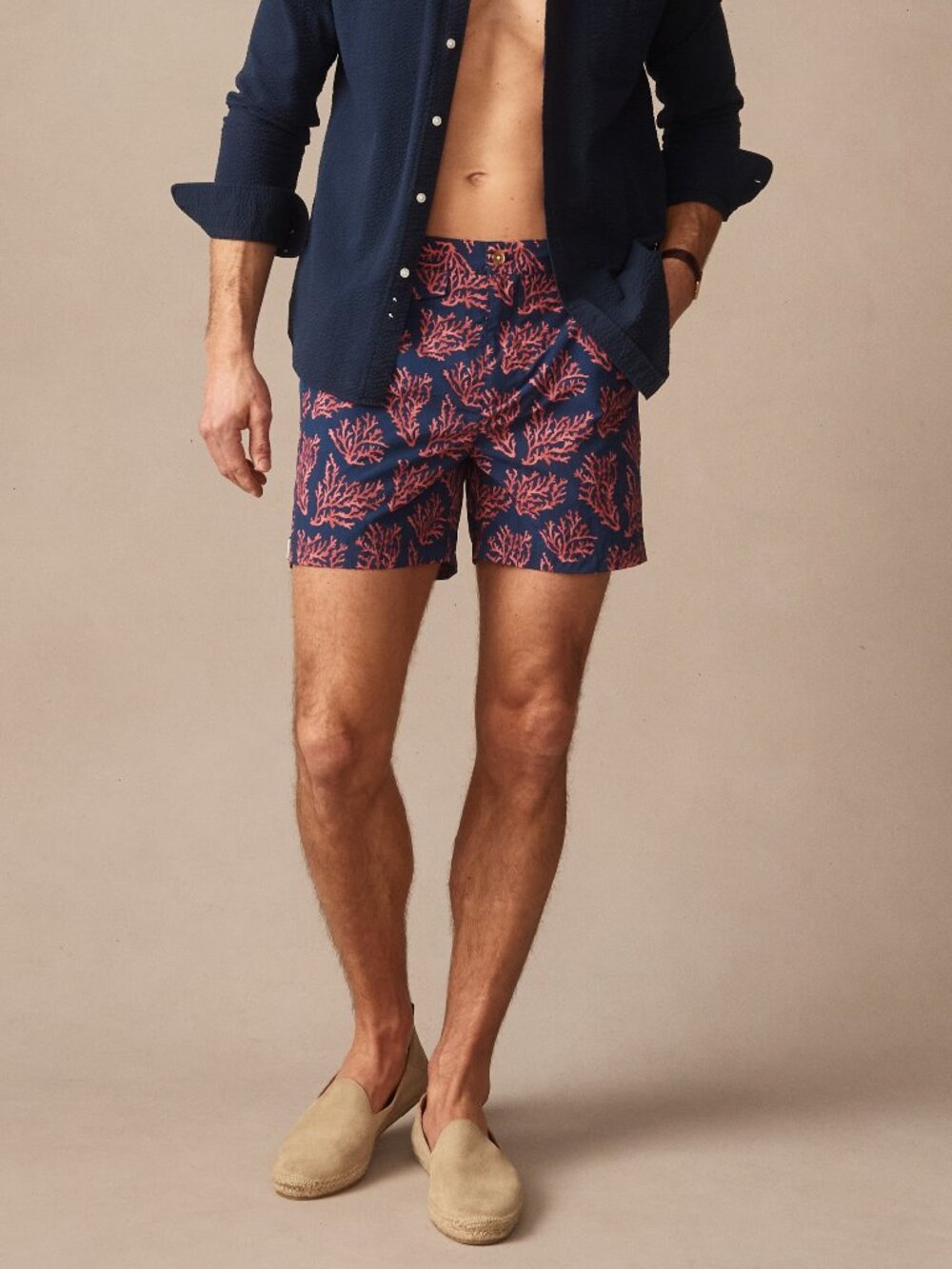 J McLaughlin Deck Swim Trunks in Midi Coral Cay Texture - Navy/Coral NEW